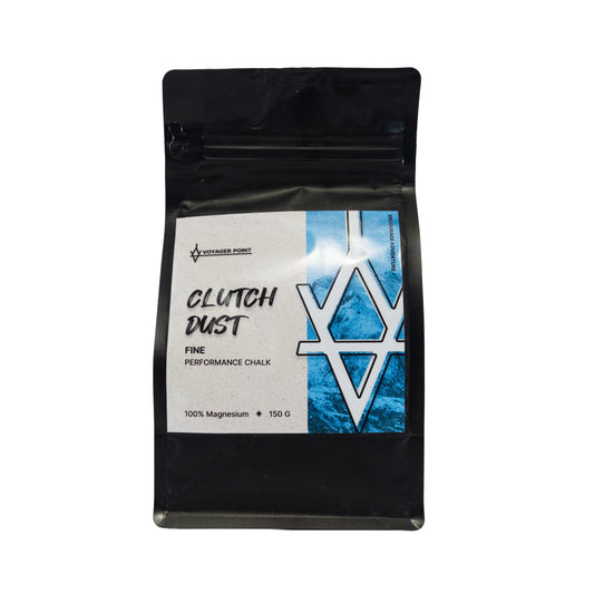 rock climbing chalk bag labeled 'Clutch Dust'