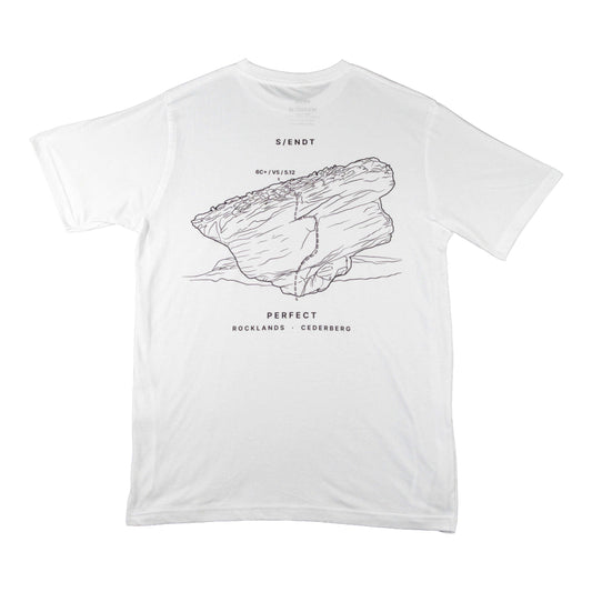 A white short-sleeve crewneck t-shirt featuring a black line art graphic of a rock formation with text reading 'S/ENDT', 'PERFECT', 'ROCKLANDS - CEDERBERG'