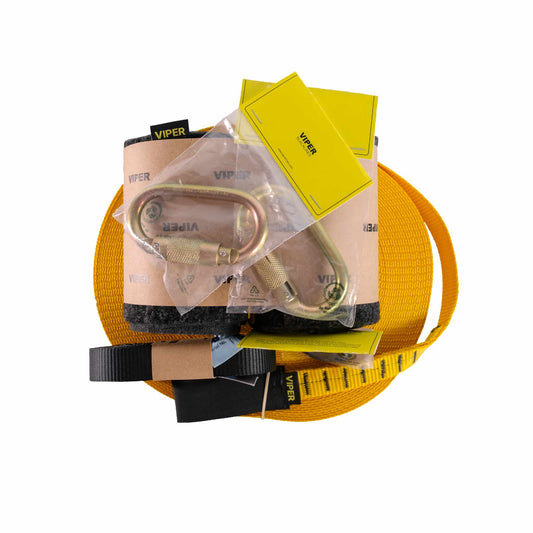Set of Viper slackline equipment including a webbing, carabiner and tags on a white background