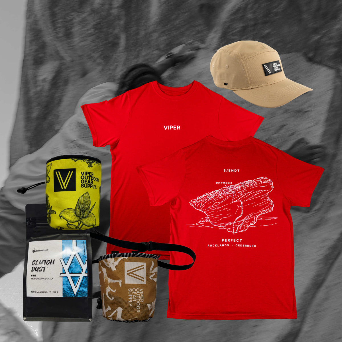 Bundle: 'Perfect' Climbing Tshirt in Red, Chalk Bag, Chalk and Ripstop 5-Panel Hat