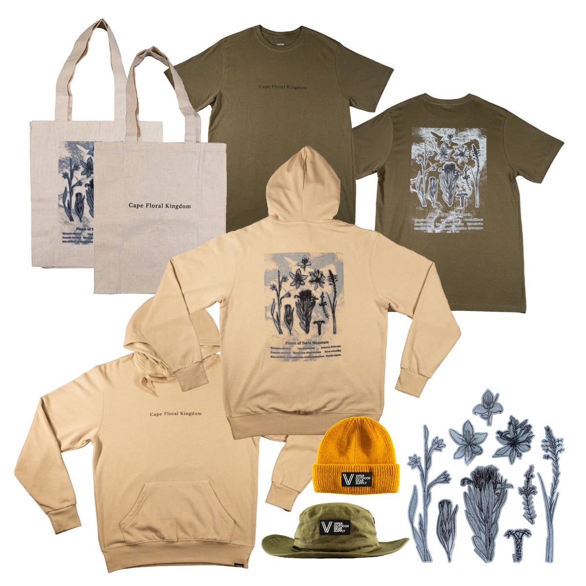 Bundle: Plants of Table Mountain Hoodie, T-Shirt, Totebag, Stickers & Choice of Bush Hat or Beanie