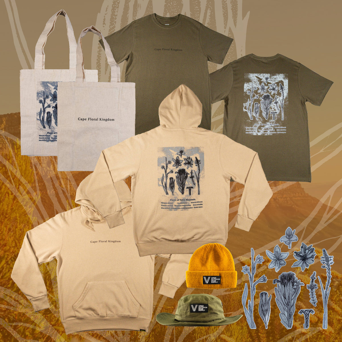 Bundle: Plants of Table Mountain Hoodie, T-Shirt, Totebag, Stickers & Choice of Bush Hat or Beanie