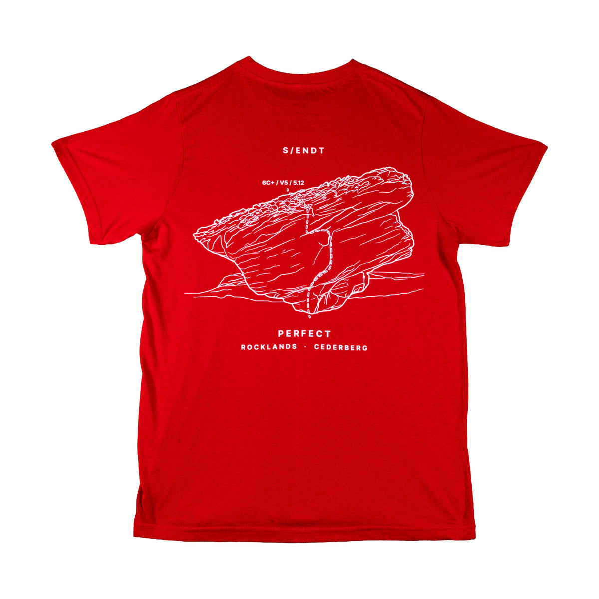 A red short-sleeve t-shirt with a white line art graphic of a rock formation on the back, accompanied by the text 'S/ENDT', 'PERFECT ROCKLANDS | CEDERBERG'