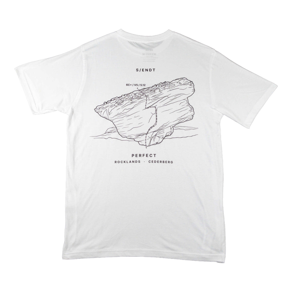 A white short-sleeve crewneck t-shirt featuring a black line art graphic of a rock formation with text reading 'S/ENDT', 'PERFECT', 'ROCKLANDS - CEDERBERG'