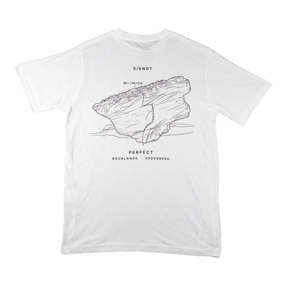 A white short-sleeve crewneck t-shirt featuring a black line art graphic of a rock formation with text reading 'S/ENDT', 'PERFECT', 'ROCKLANDS - CEDERBERG'