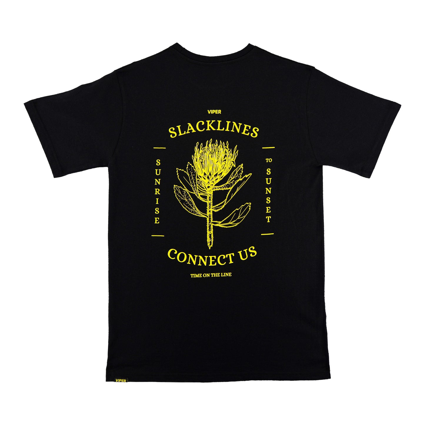 Black t-shirt with yellow Viper slacklines graphic and text on a white background