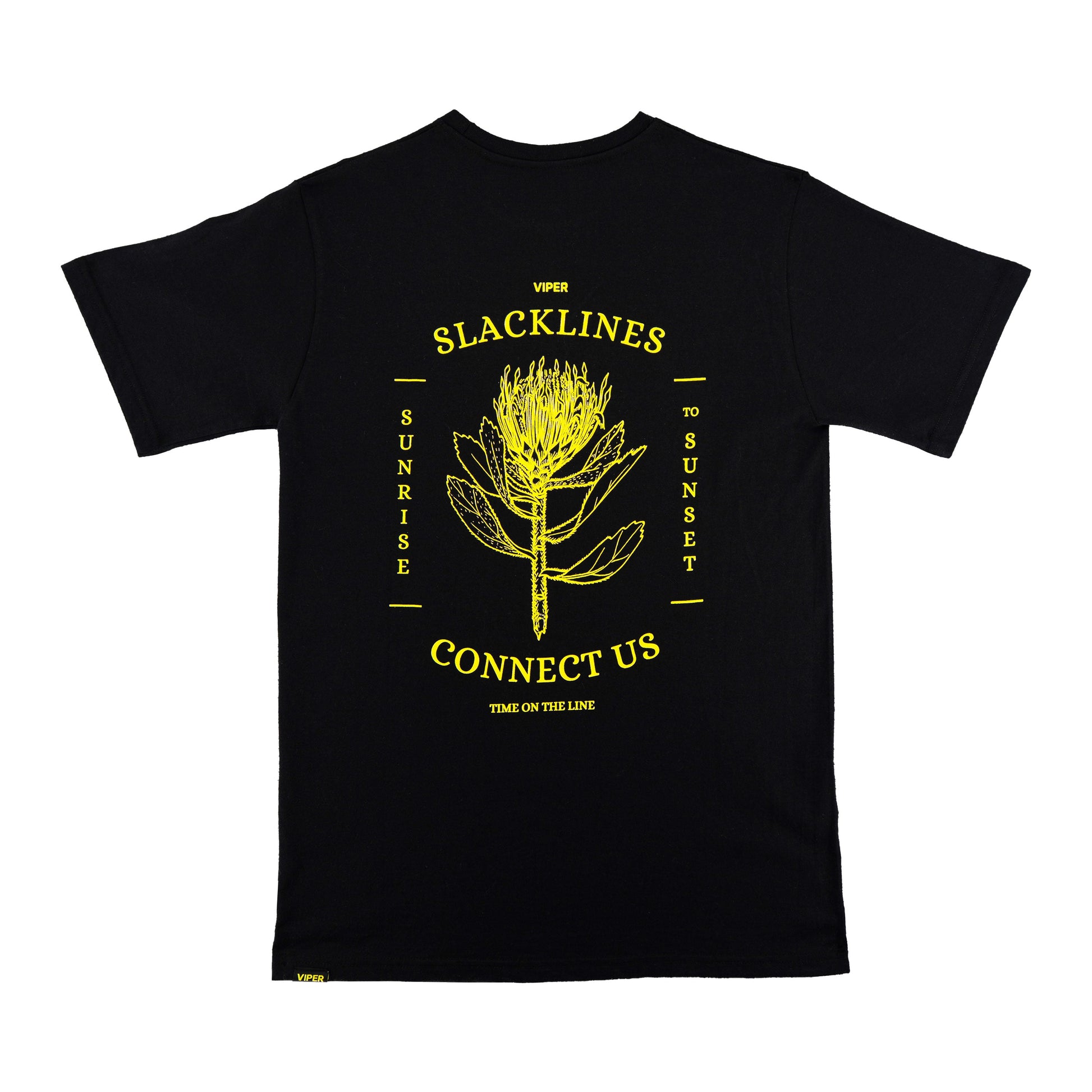 Black t-shirt with yellow Viper slacklines graphic and text on a white background
