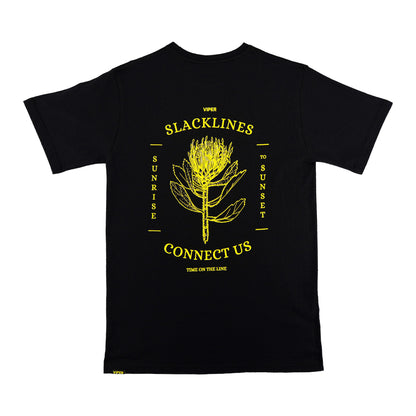 Black t-shirt with yellow Viper slacklines graphic and text on a white background