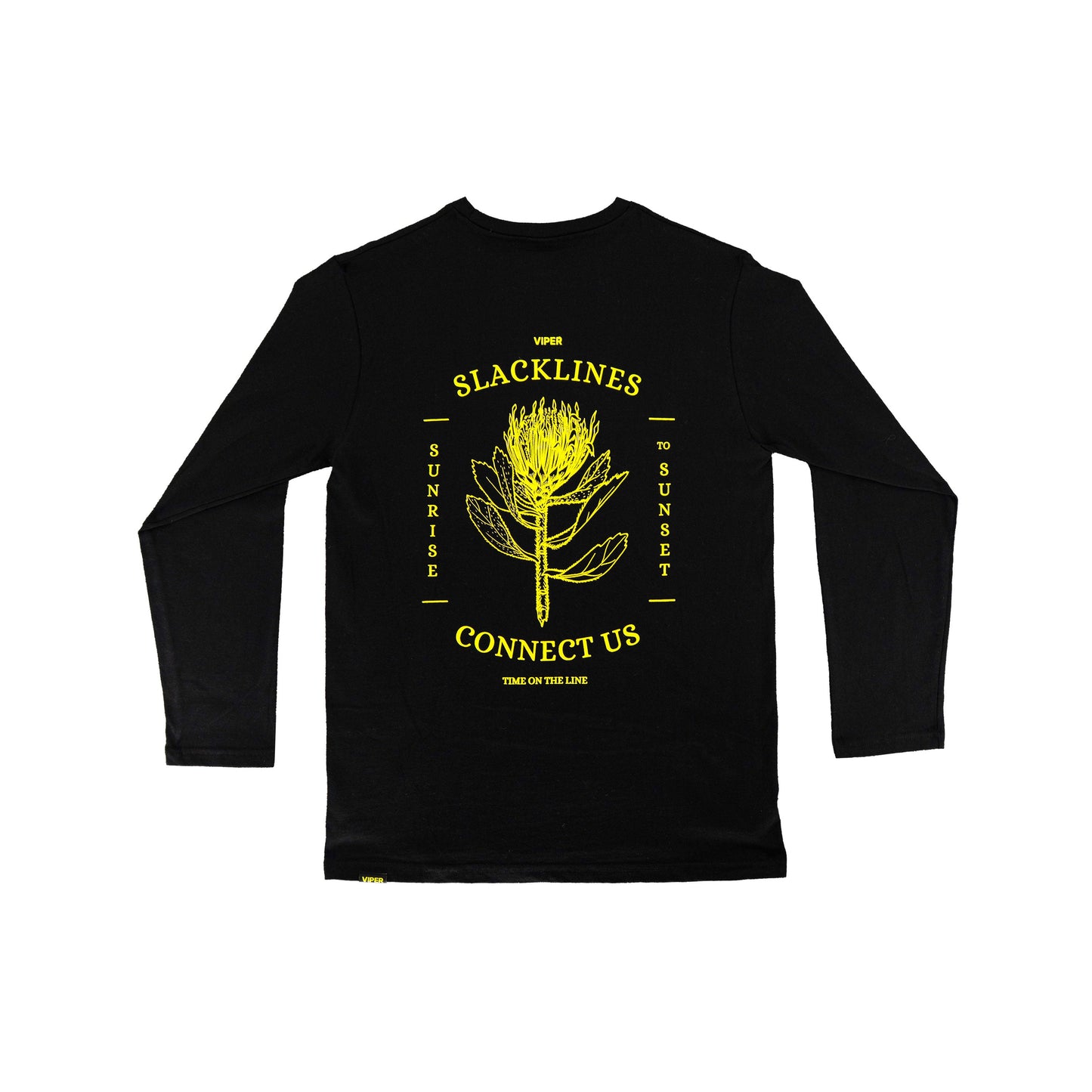 Black long-sleeve shirt with yellow graphic design on a white background