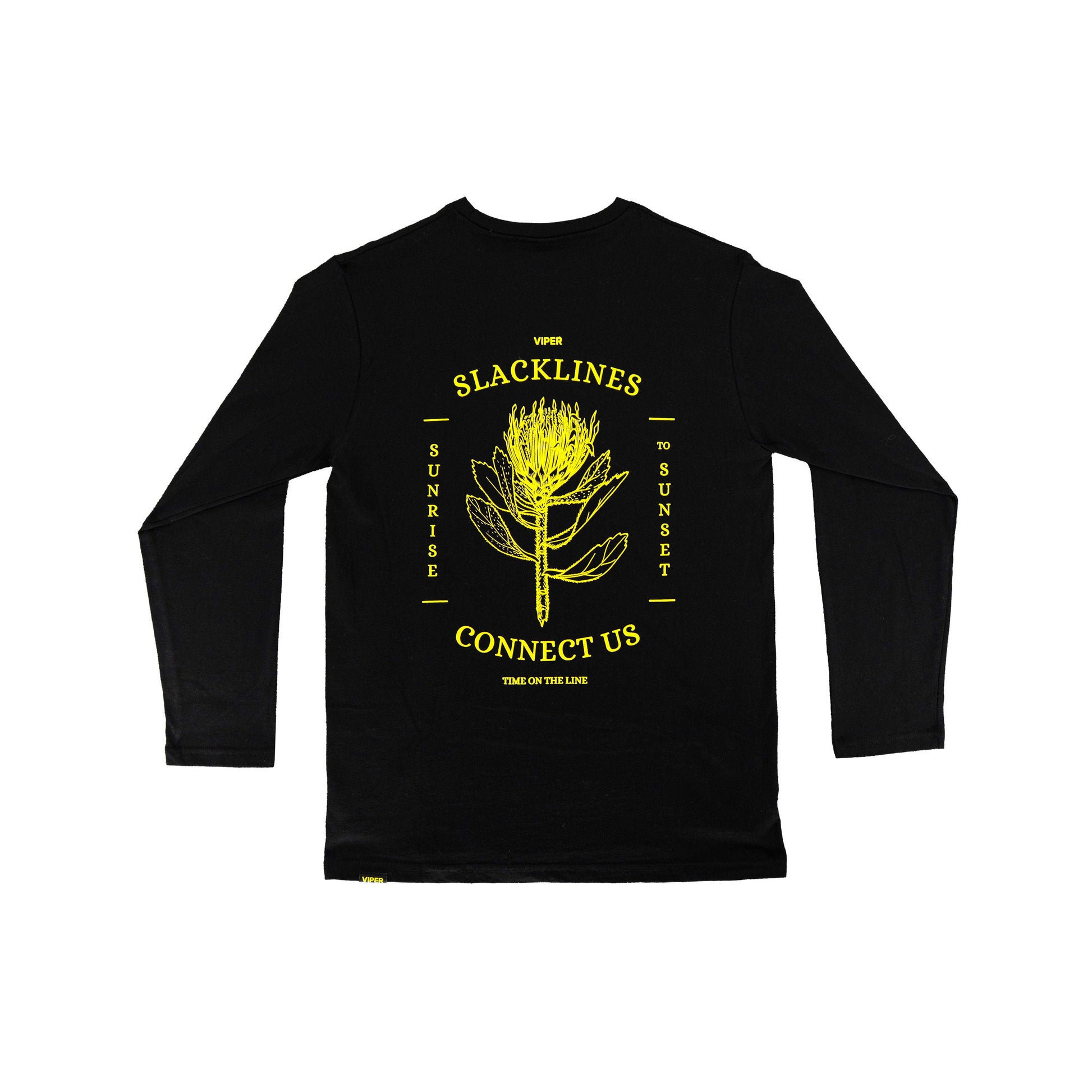 Black long-sleeve shirt with yellow graphic design on a white background