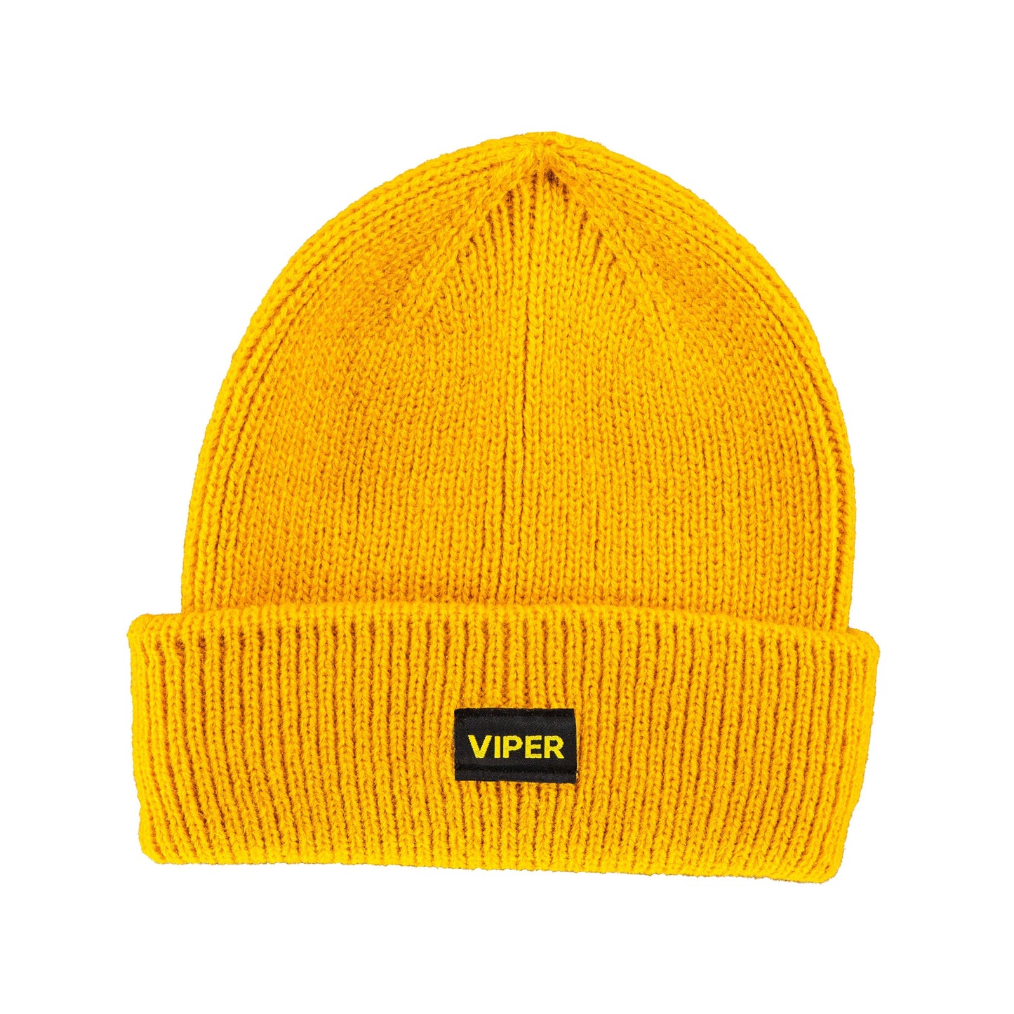 Yellow beanie with a black label on a white background