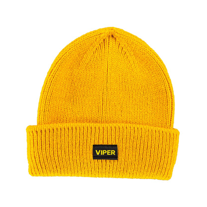 Yellow beanie with a black label on a white background