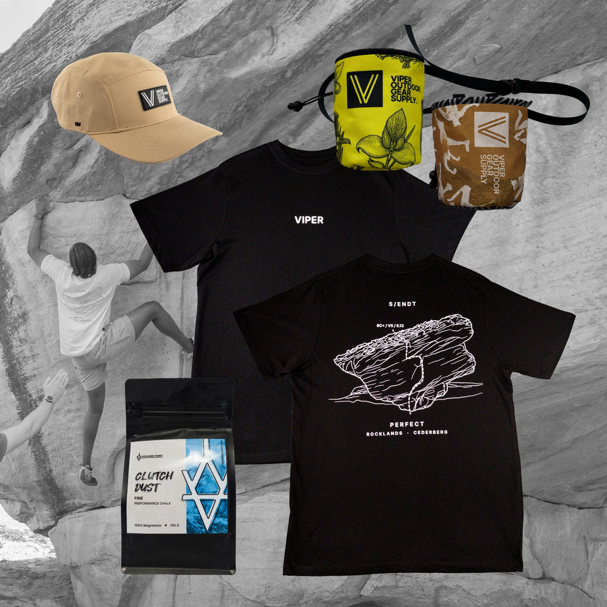 Bundle: 'Perfect' Climbing Tshirt in Black, Chalk Bag, Chalk and Ripstop 5-Panel Hat