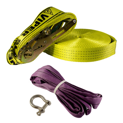 Slackline kit including a yellow slackline and purple sling, a stainless steel shackle, and a ratchet with tail.